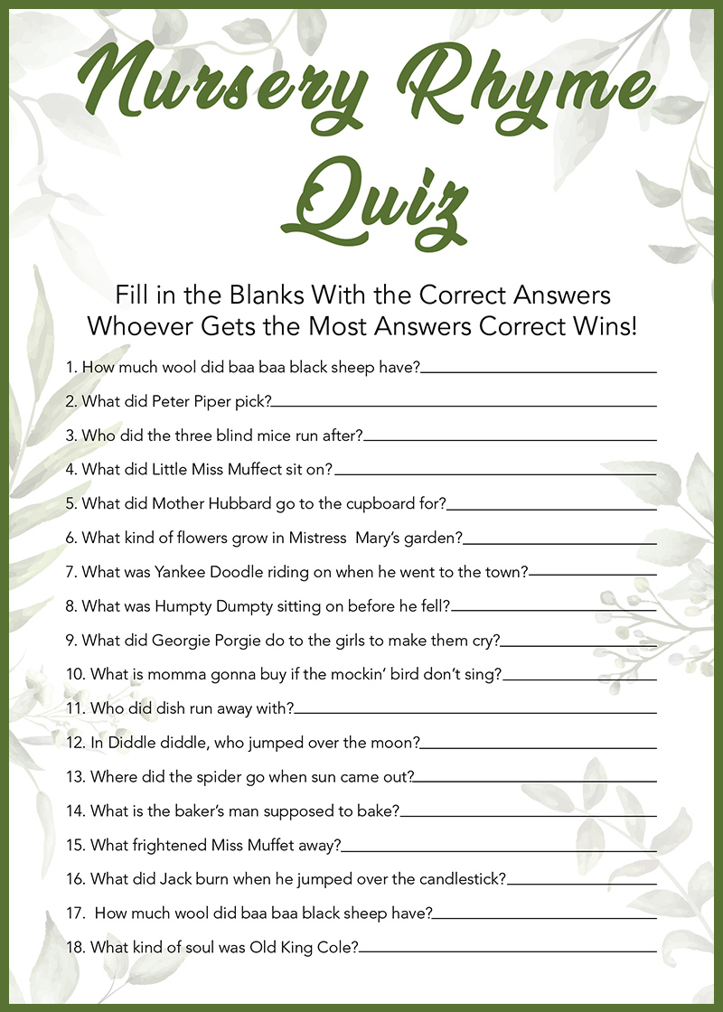 Baby Shower Games - Free Printables - Nursery Rhymes - throughout Finish The Nursery Rhyme Free Printable