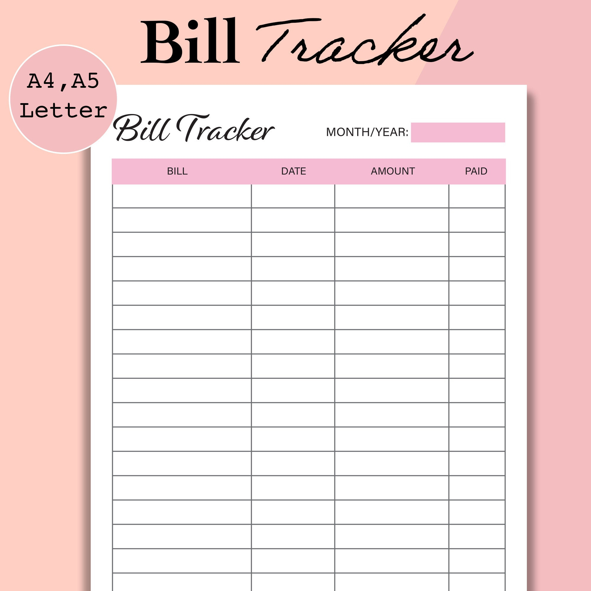 Bill Tracker Printable, Monthly Bill Organizer - A4, A5, Letter with regard to Bill Chart Printable