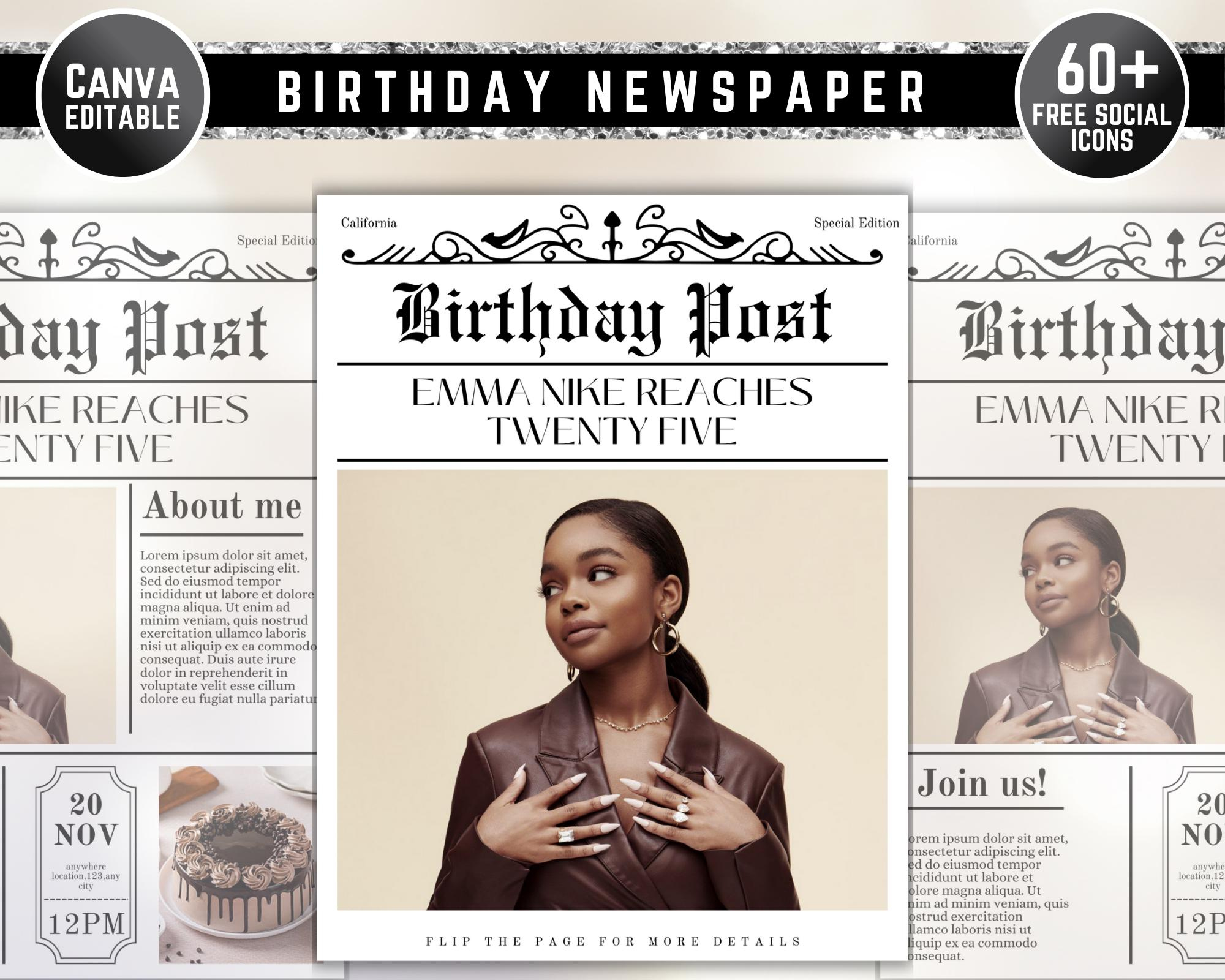 Birthday Newspaper Canva Template, Birthday Program, Birthday in Free Birthday Newspaper Template
