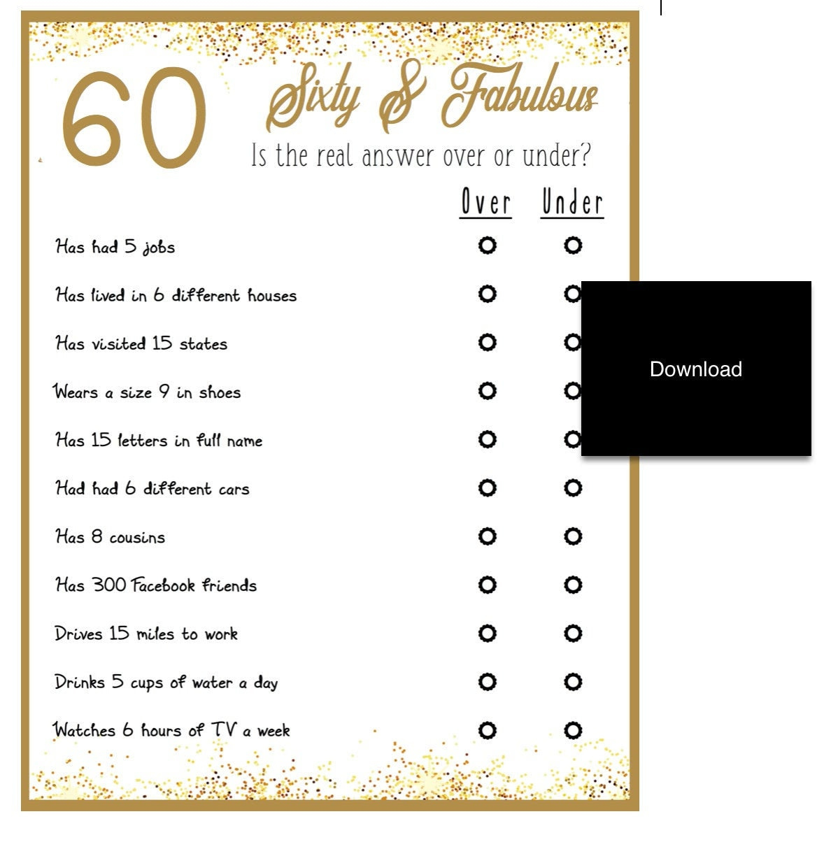 Birthday Party Game | Over The Hill- Over Or Under Trivia Game pertaining to 60th Birthday Games Free Printable