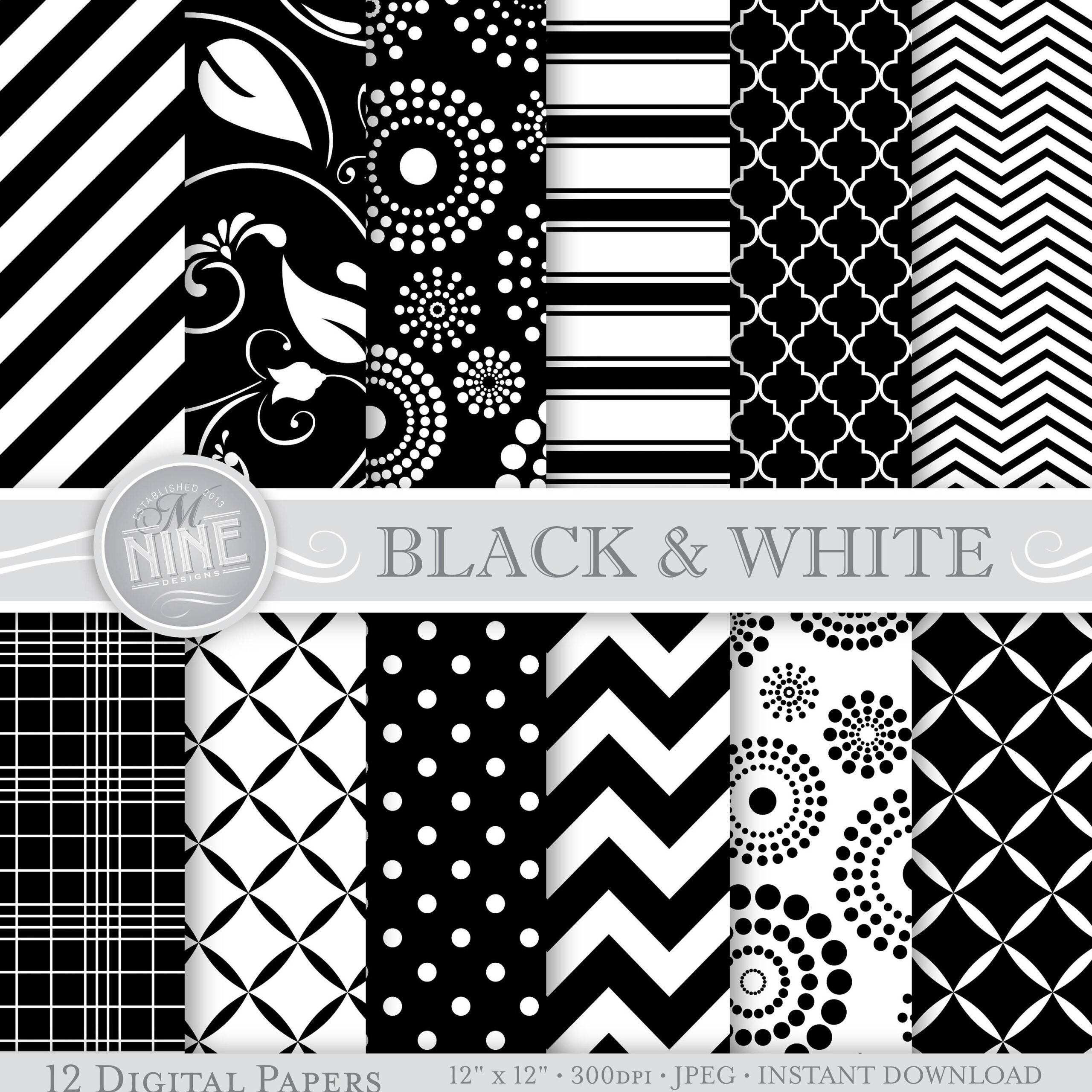 Black &amp;amp; White Patterns 12 X 12 Digital Paper Pattern Prints for 12 X 12 Printable Patterns
