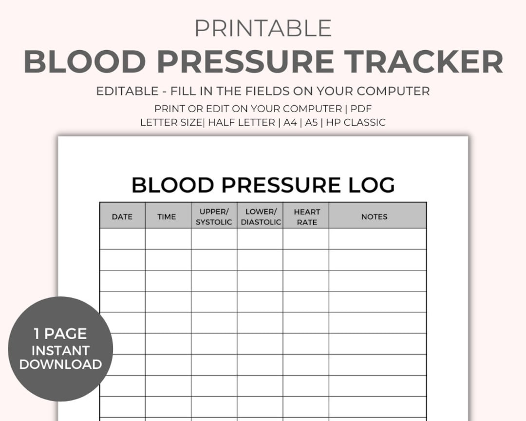 Blood Pressure Chart Printable - Instant Download, Medical Tracker within Blood Pressure Tracker Chart Printable
