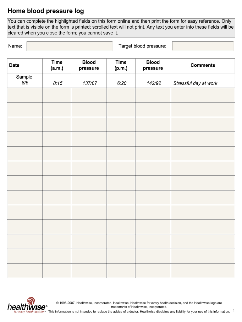 Blood Pressure Log Sheet Printable - Fill Online, Printable inside Blood Pressure Record Chart Printable