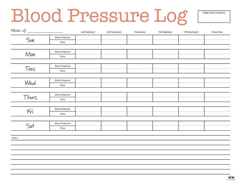 Blood Pressure Logs - 25 Free Printables | Printabulls inside Blood Pressure Chart Printable 3 Times A Day