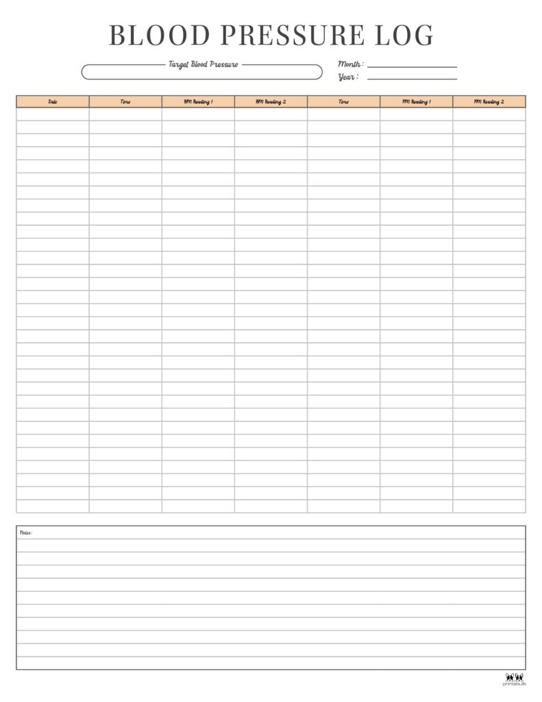 Blood Pressure Logs - 25 Free Printables | Printabulls throughout Blank Blood Pressure Chart Printable