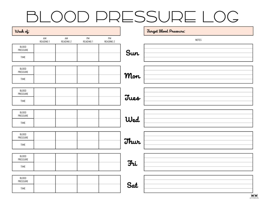 Blood Pressure Logs - 25 Free Printables | Printabulls within Blood Pressure Reading Chart Printable
