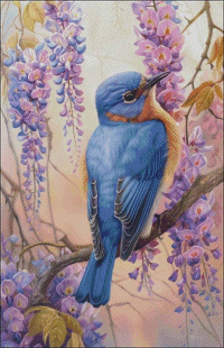 Bluebird In Wisteria - Bird Cross Stitch Patterns - Printable regarding Free Easy Printable Bluebird Cross Stitch Patterns