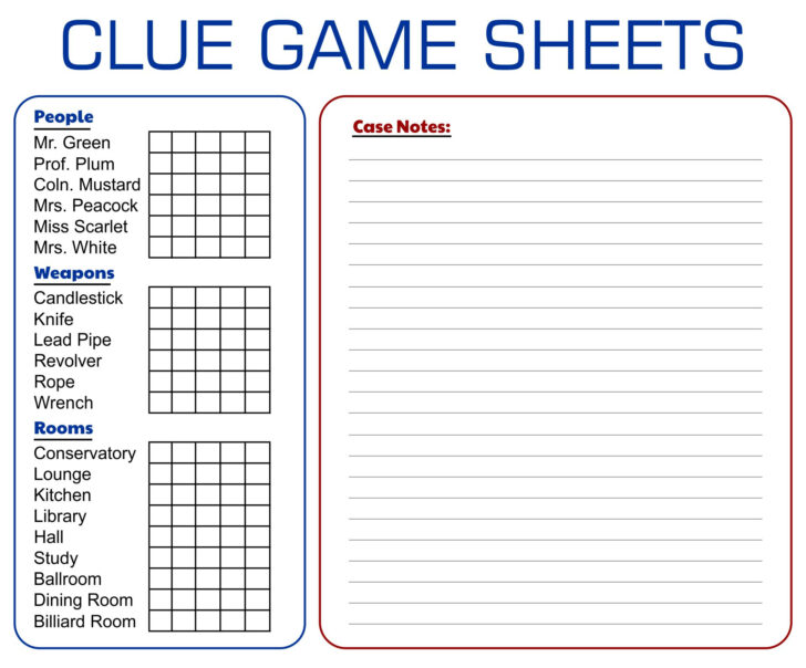 Free Printable Cluedo Sheets