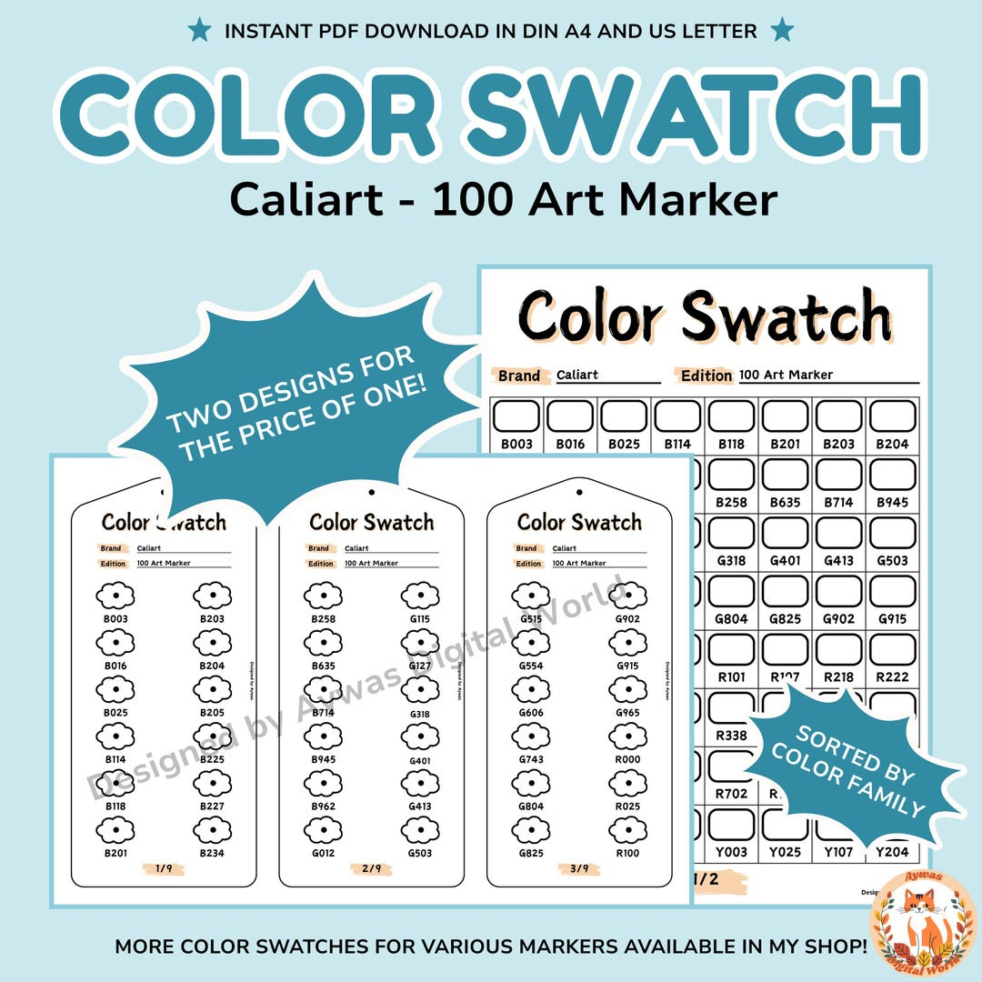 Caliart 100 Art Marker Color Swatch Chart – Cloud + Grid Designs – Printable Pdf – Din A4 + Us Letter Sizes - Instant Download - Etsy.de within Caliart Markers Color Chart Printable