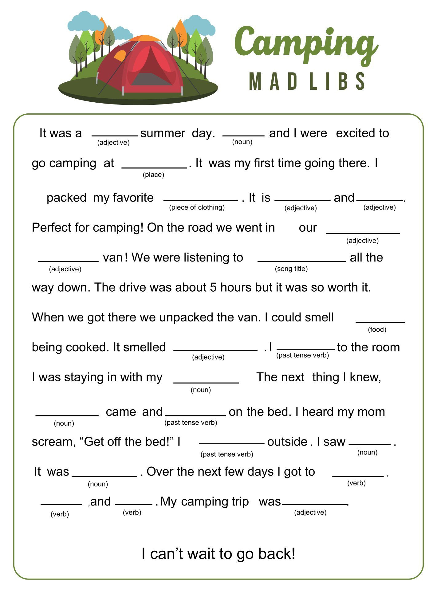 Camping Mad Libs - 20 Free Pdf Printables | Printablee with regard to Camping Mad Libs Free Printable