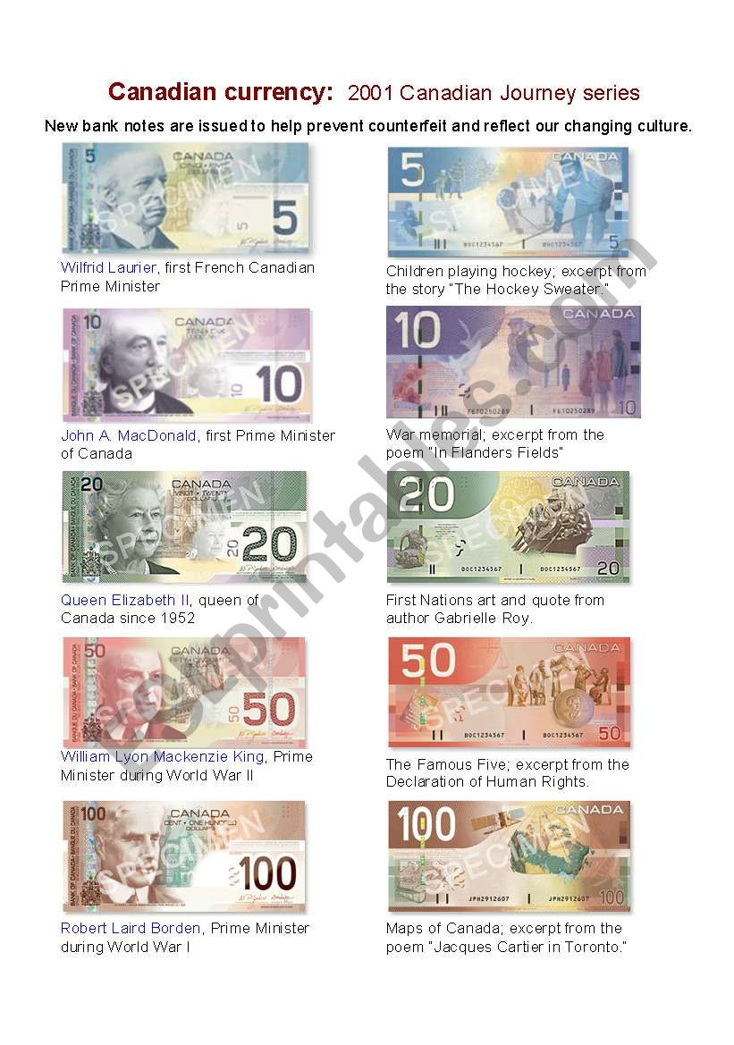 Canadian Bank Notes - Esl Worksheetjanetles inside Canadian Play Money Printables Free