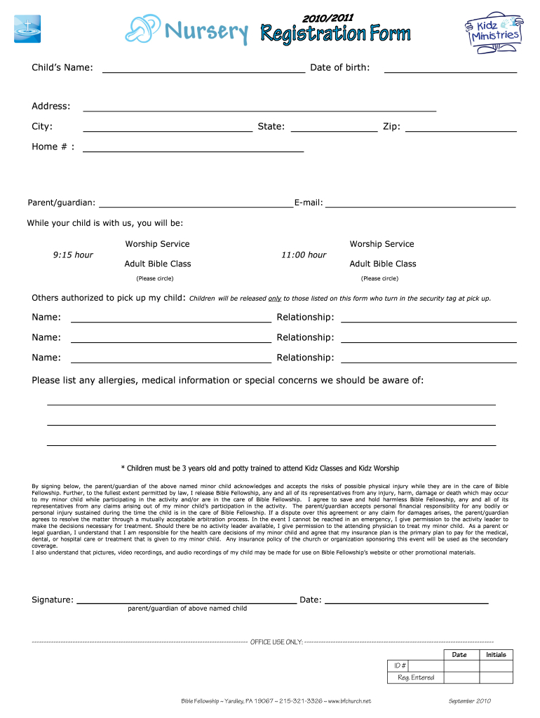 Church Nursery Registration Form: Fill Out &amp;amp; Sign Online | Dochub intended for Free Printable Church Nursery Forms
