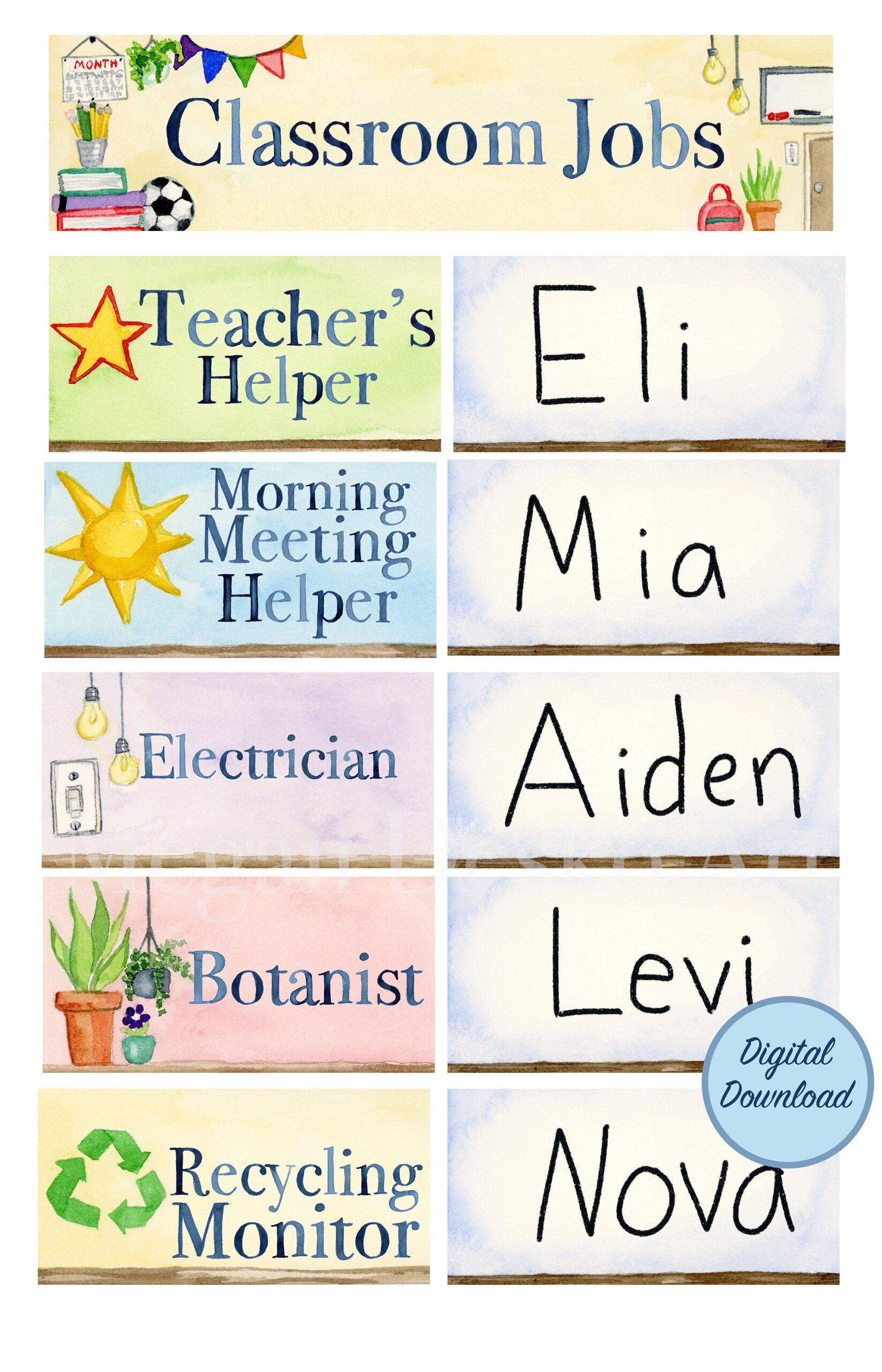Classroom Jobs Digital Download; Watercolor Classroom Jobs; Pocket pertaining to Classroom Job Chart Printable