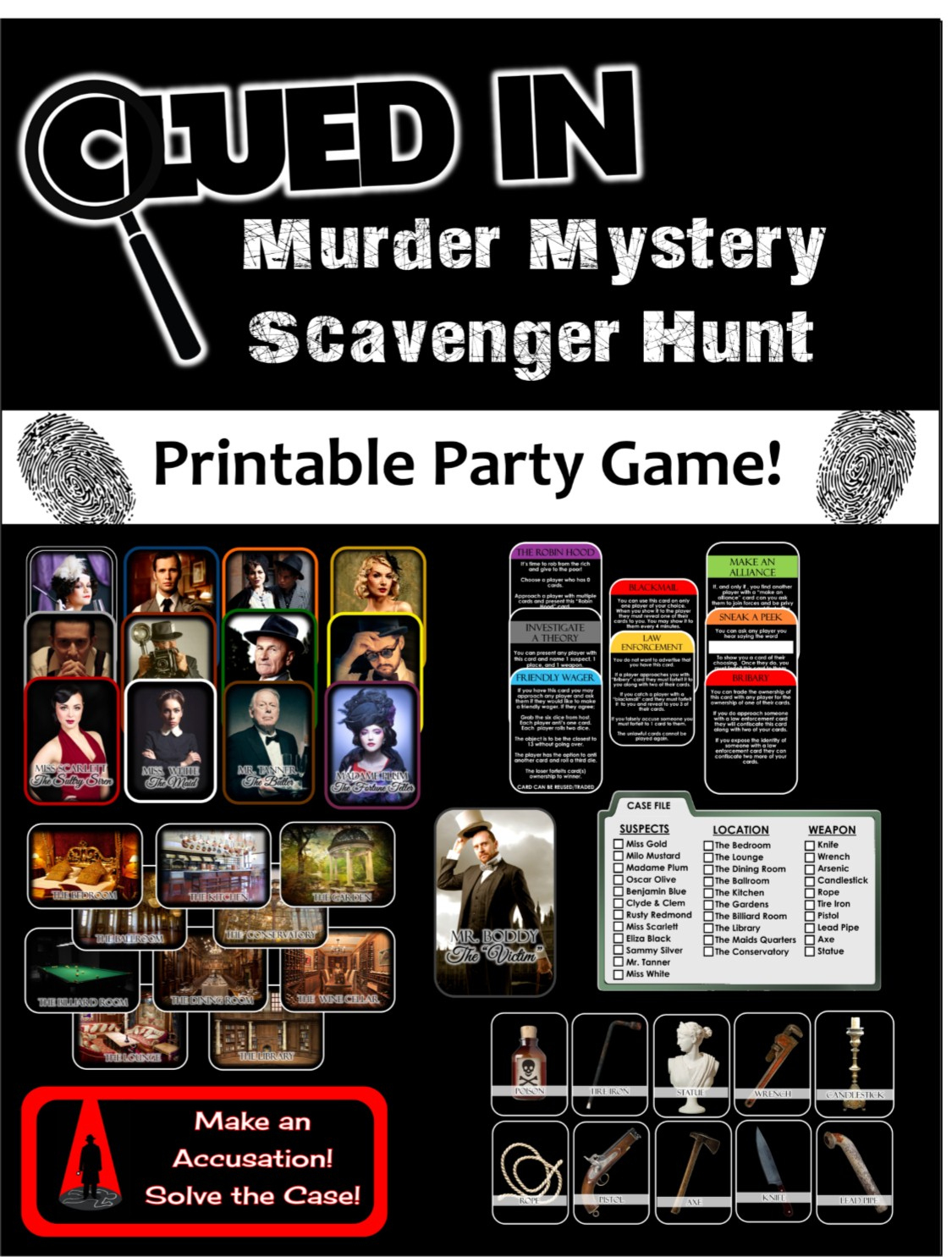 Clued-In Murder Mystery Scavenger Hunt - Printable Party Game with regard to Murder Mystery Party Free Printables