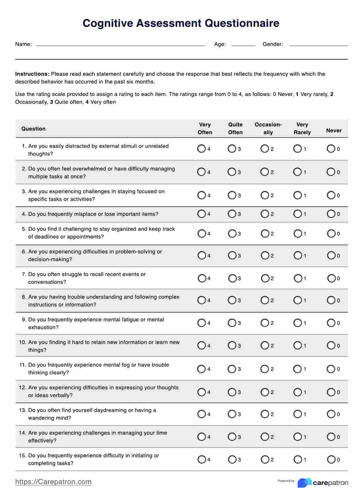Cognitive Assessment Questionnaire &amp;amp; Example | Free Pdf Download for Free Printable Cognitive Tests