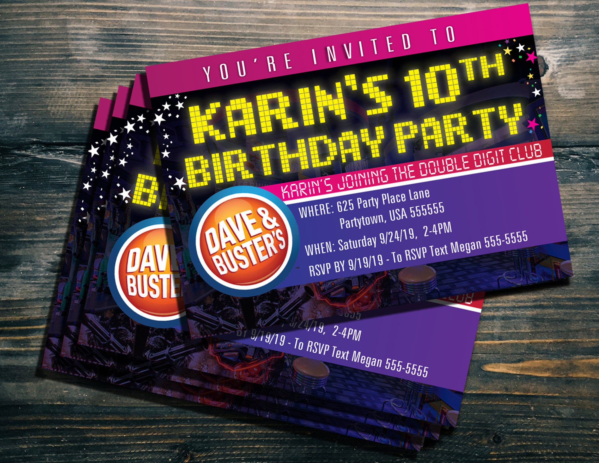 Custom 5 X 7 Dave &amp;amp; Busters Party Invites - Pink Pixel Party - Etsy in Dave And Busters Free Printable Invitations
