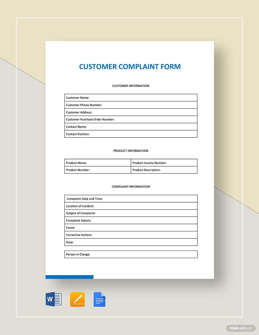Customer Complaint Form Template In Pages, Word, Google Docs for Free Customer Complaint Log Template