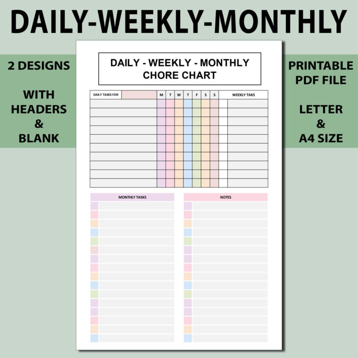 Daily Weekly Monthly Chore Chart Printable