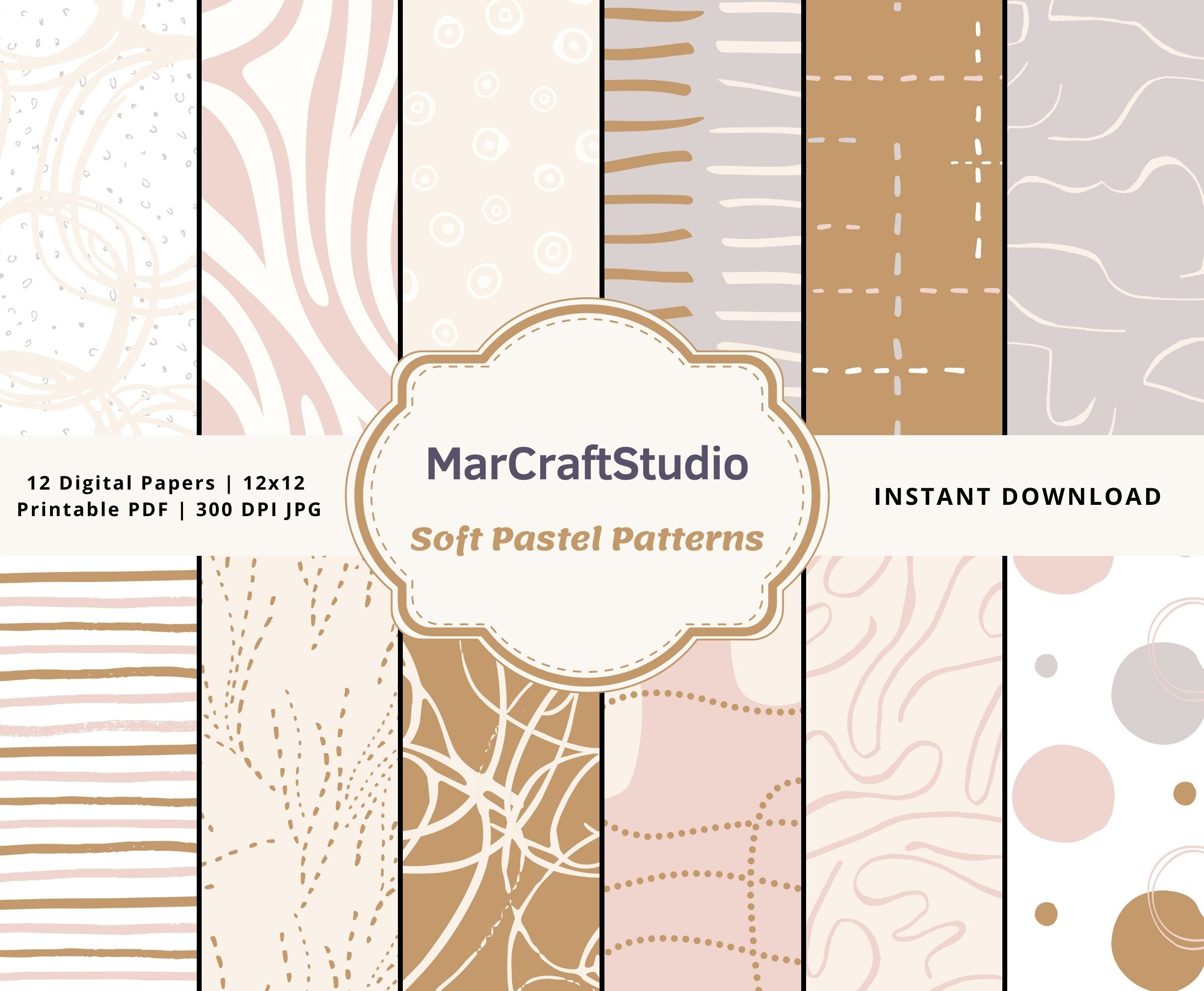 Digital Paper | Soft Pastel Patterns | Printable 12X12 Size | Pdf with 12 X 12 Printable Patterns