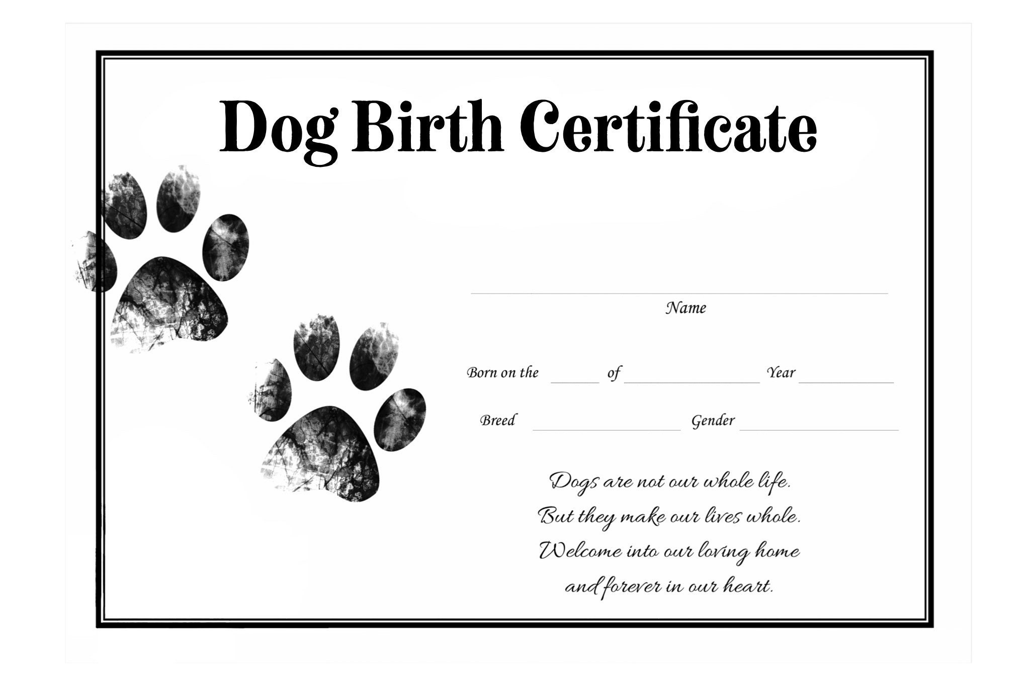 Dog Birth Certificate For Girl Or Boy Puppy Gender Neutral in Printable Free Puppy Birth Certificate Template