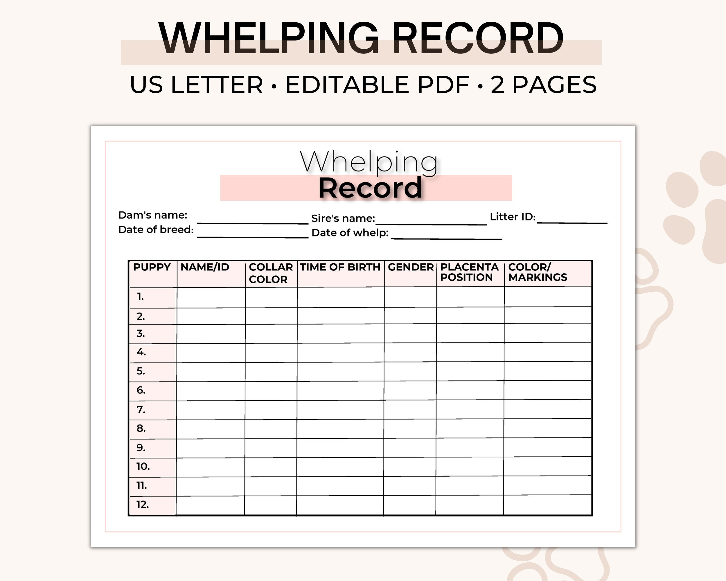 Dog Whelping Record Editable, Dog Breeder Forms, Puppy Whelping for Whelping Chart Printable