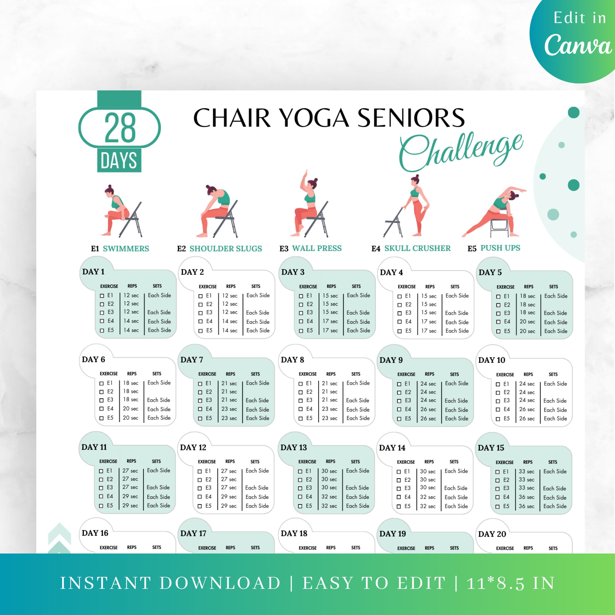 Editable 28 Days Chair Yoga Seniors Challenge, Chair Yoga Seniors with regard to 28 Day Chair Yoga For Seniors Chart Printable