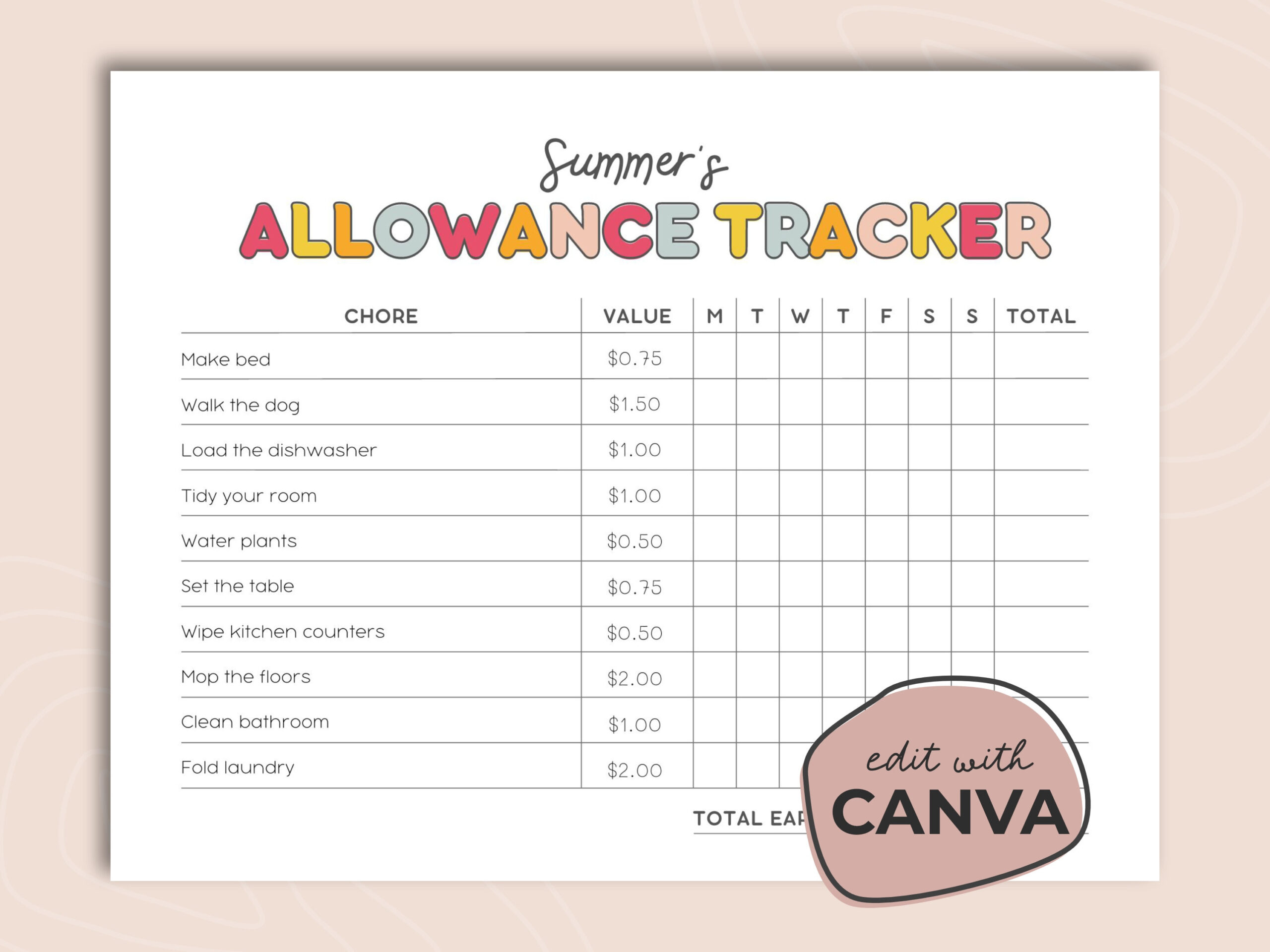 Editable Allowance Tracker Kids, Earn Money Chart, Daily Weekly inside Pocket Money Reward Chart Printable