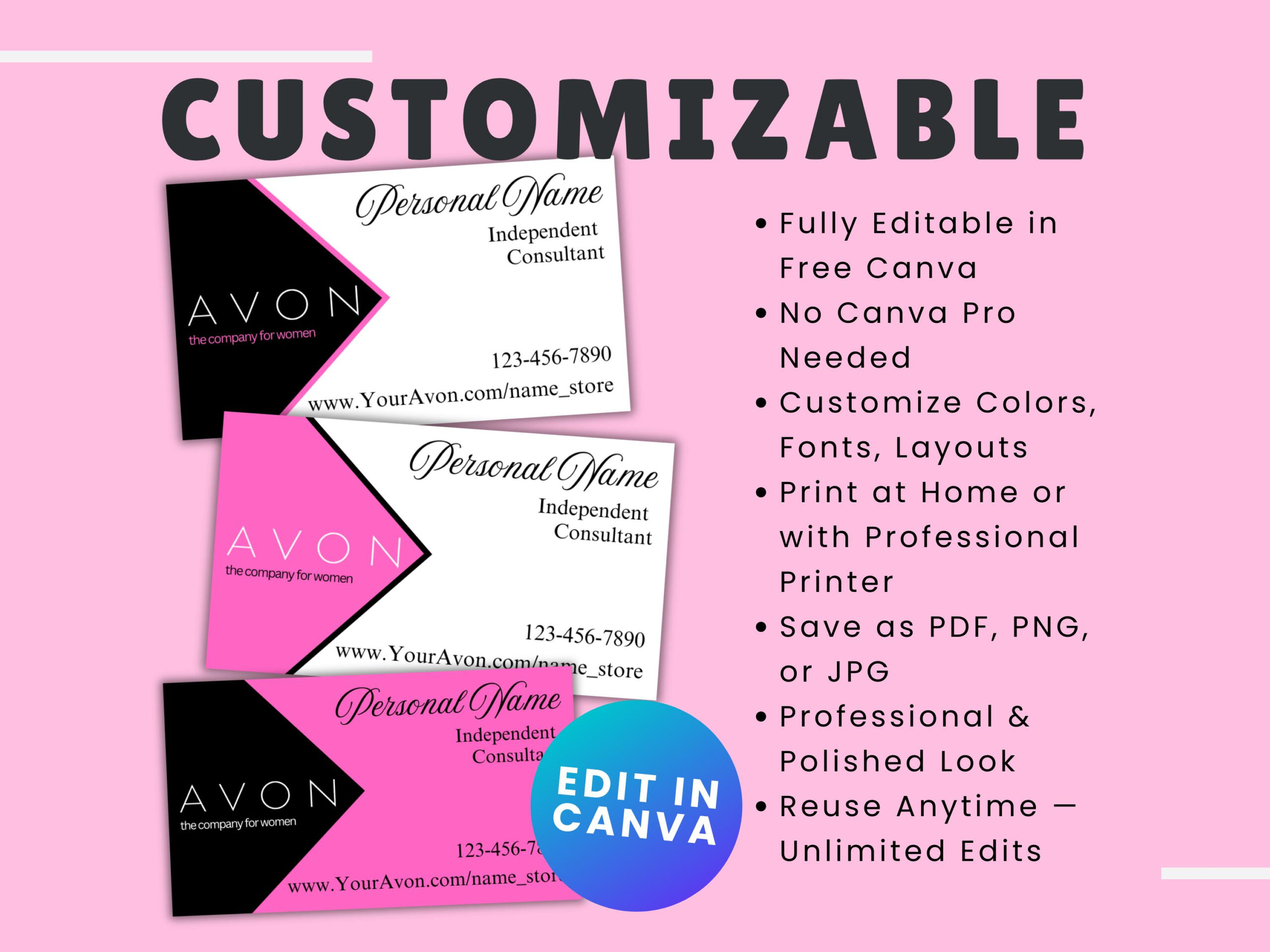 Editable Avon Business Card Template | Canva | Instant Download with Free Printable Avon Business Cards