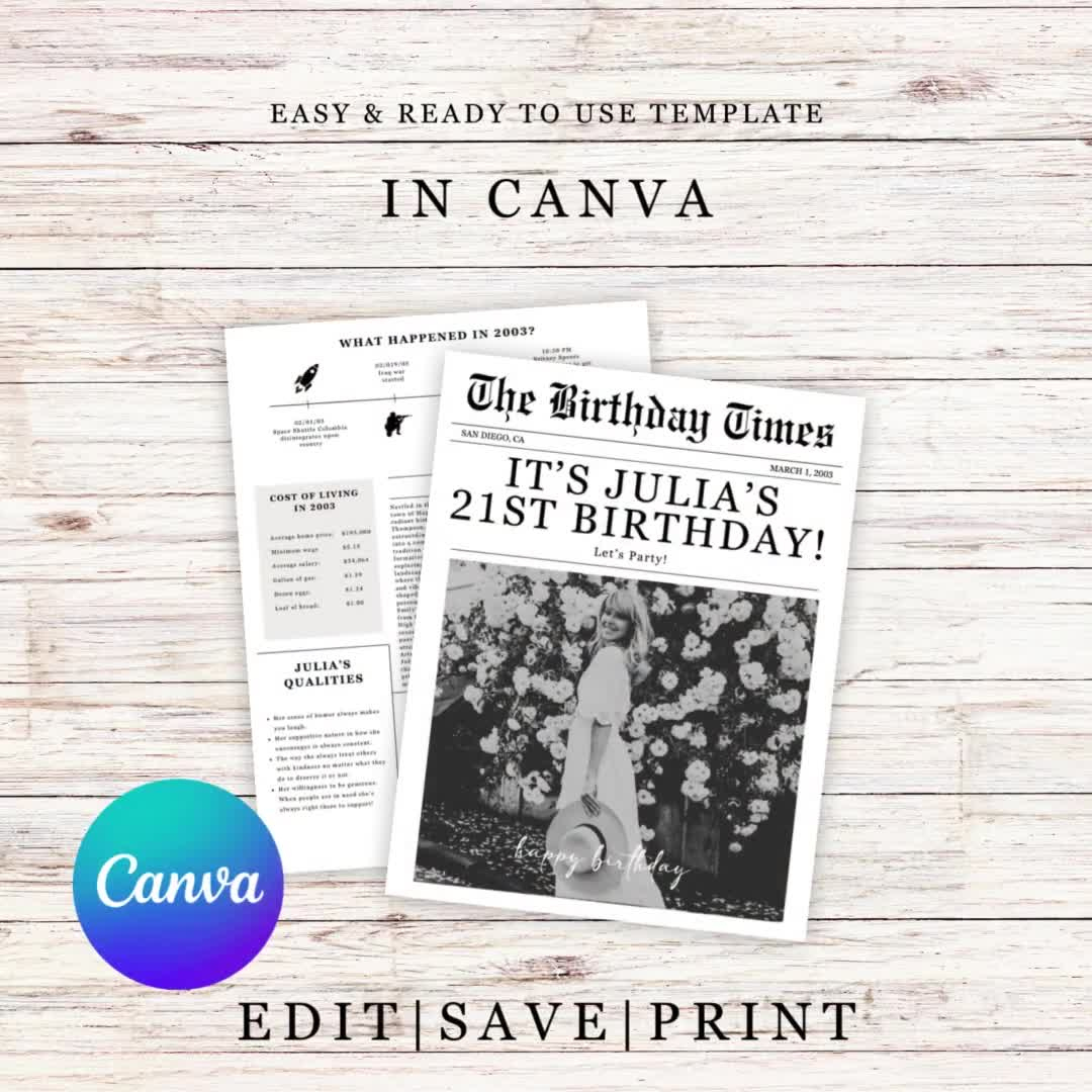 Editable Birthday Newspaper Template, Foldable Birthday Infographic Poster, Birthday Invitation With Fun Facts And Crossword For Any Year with Free Birthday Newspaper Template