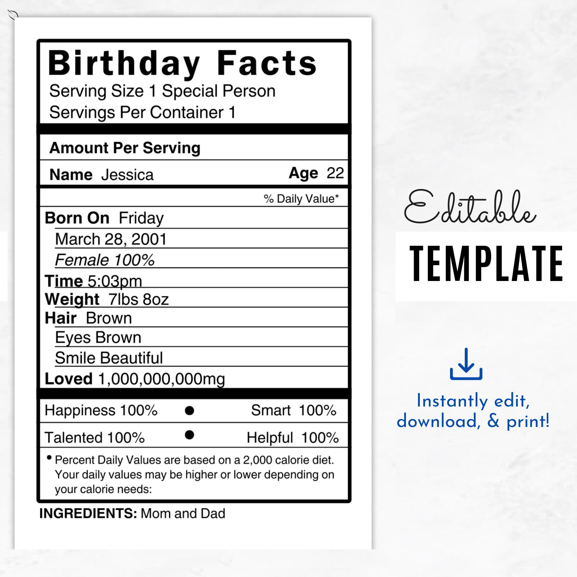 Editable Birthday Nutrition | Nutrition Facts | Nutrition Label inside Free Birthday Nutrition Facts Label Template