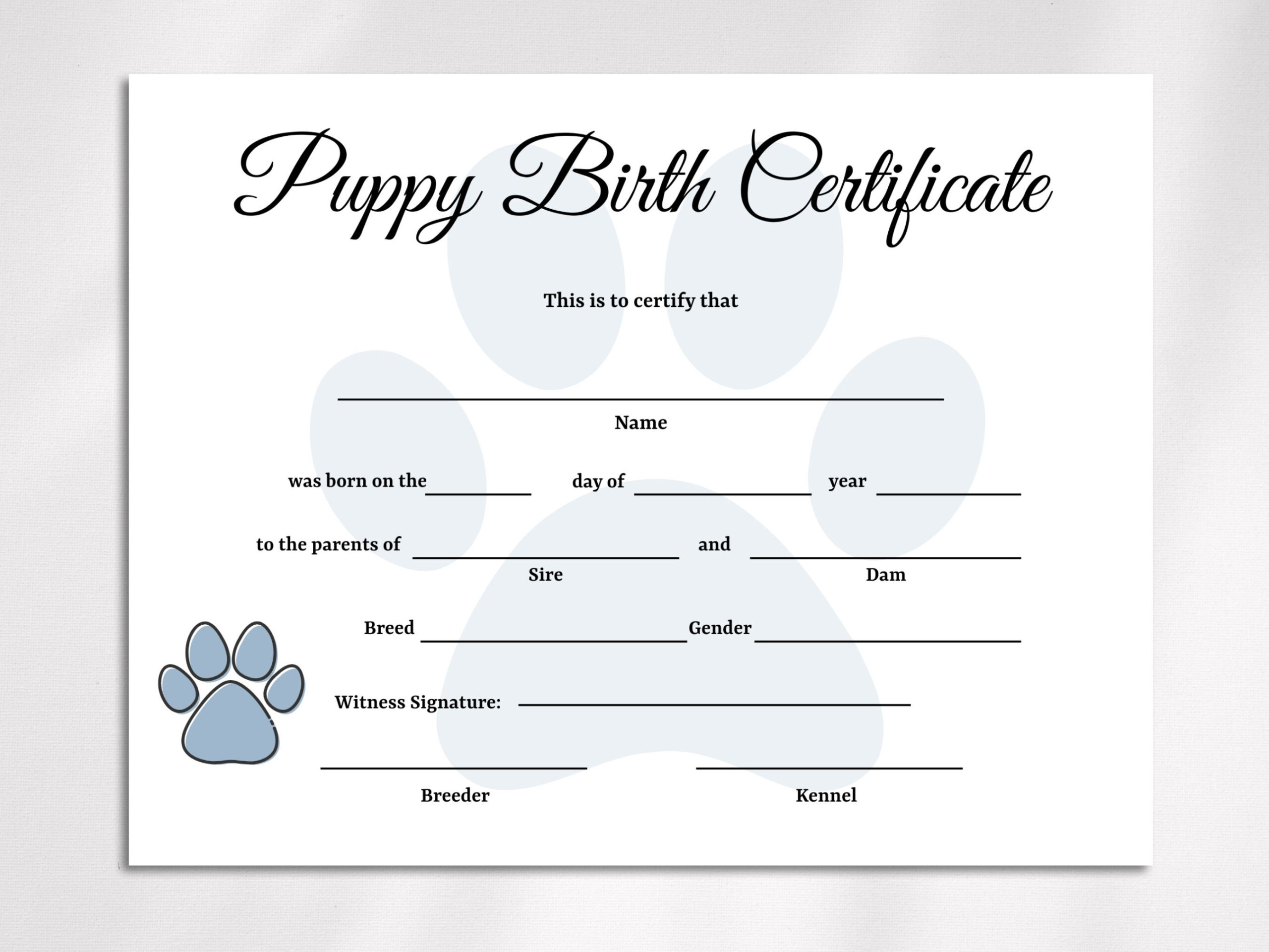 Editable Puppy Birth Certificate Template, Dog Adoption Certificate, Pet Birth Certificate, Dog Breeder Forms inside Printable Free Puppy Birth Certificate Template