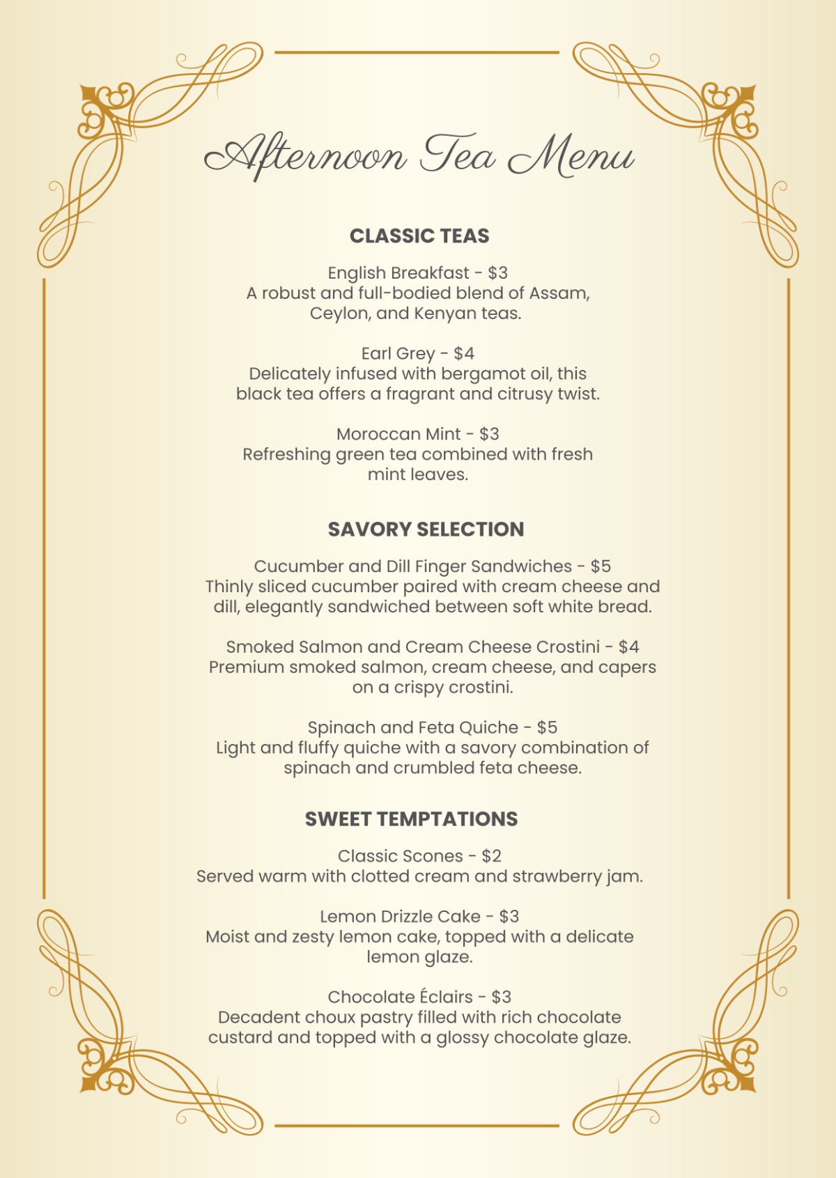 Free Afternoon Tea Menu Template To Edit Online inside Free Afternoon Tea Menu Template