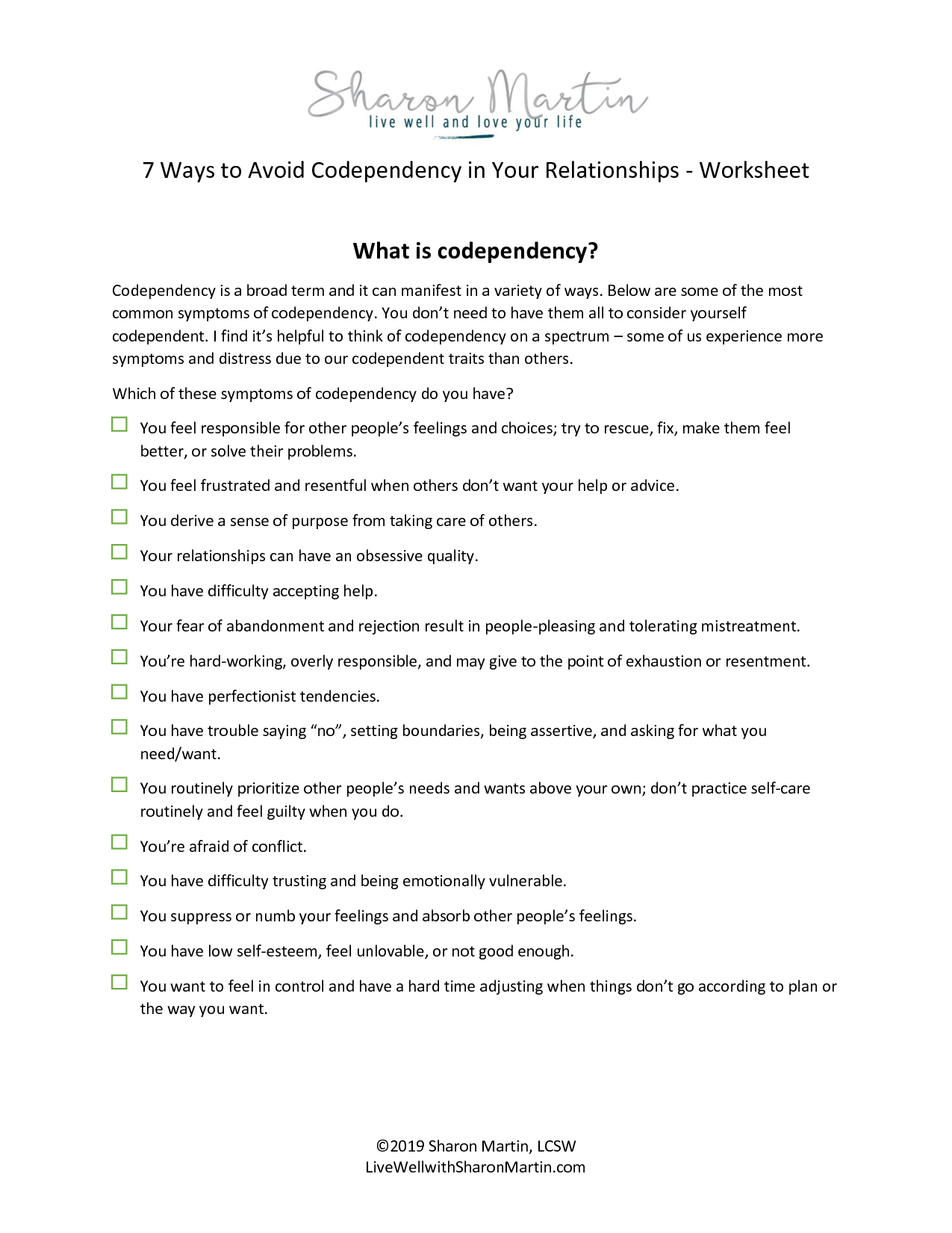 Free Codependency Worksheets - Live Well With Sharon Martin regarding Free Printable Codependency Worksheets