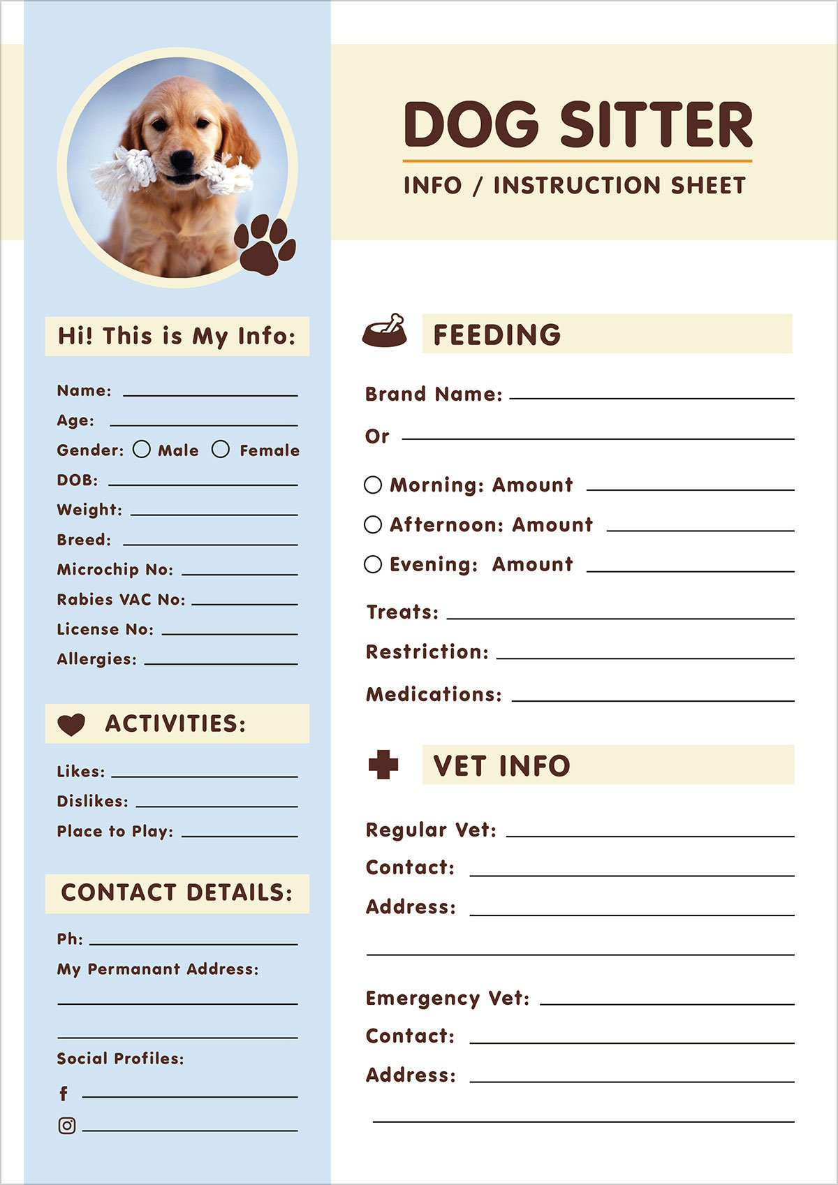 Free Dog Sitter Instruction / Information Sheet Design Template with Free Pet Sitting Templates