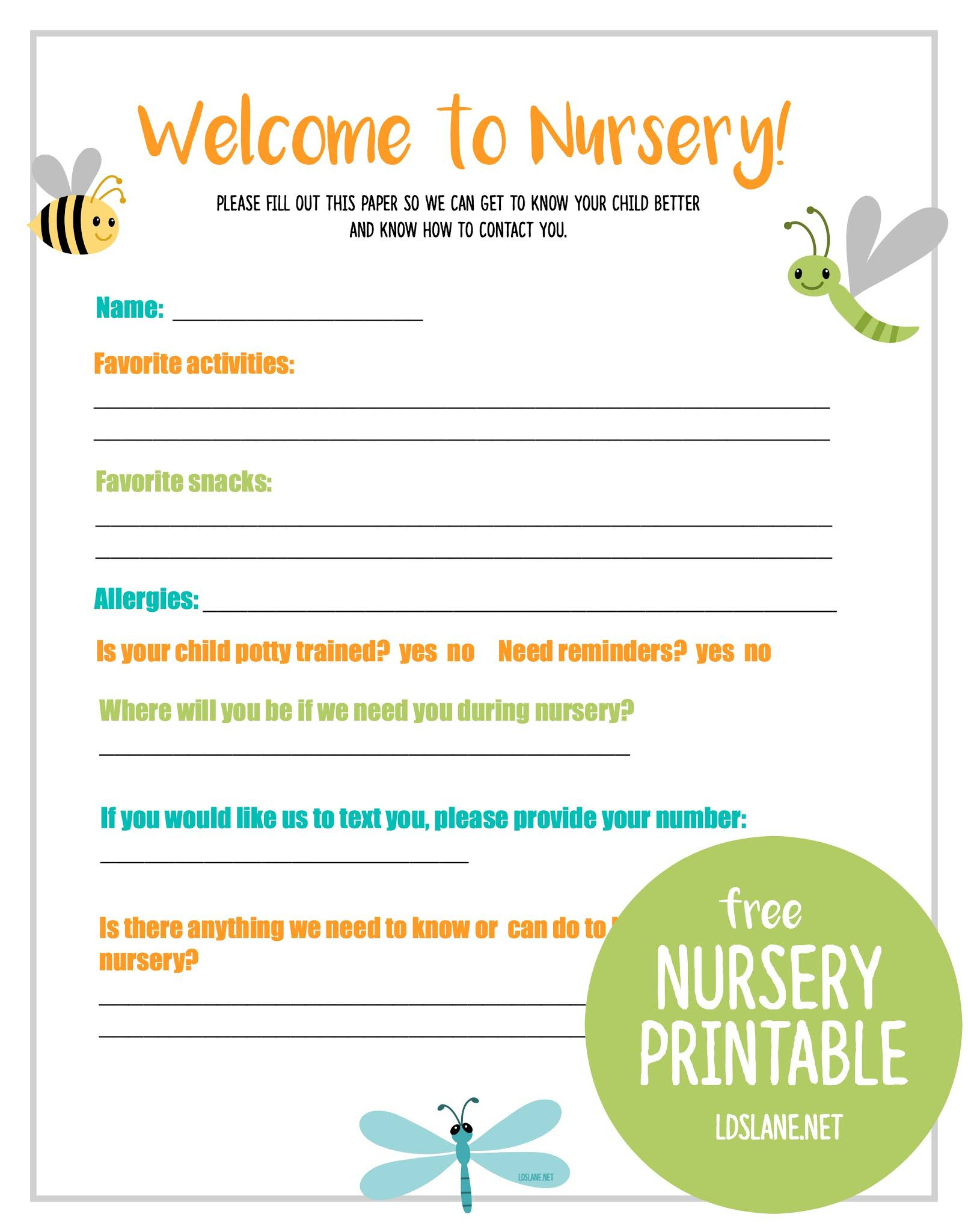 Free Lds Nursery Printable regarding Free Printable Church Nursery Forms