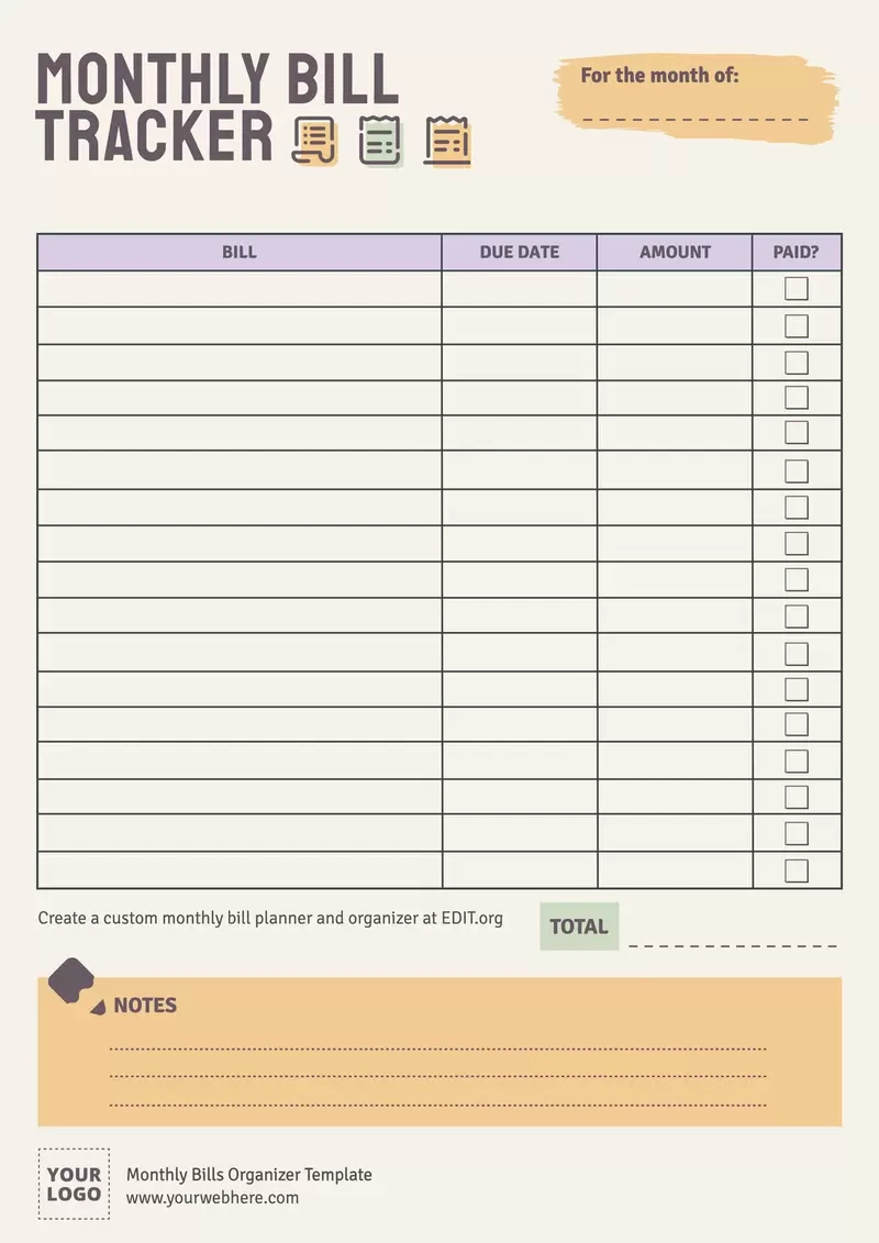 Free Monthly Bills Organizer Templates with Bill Chart Printable