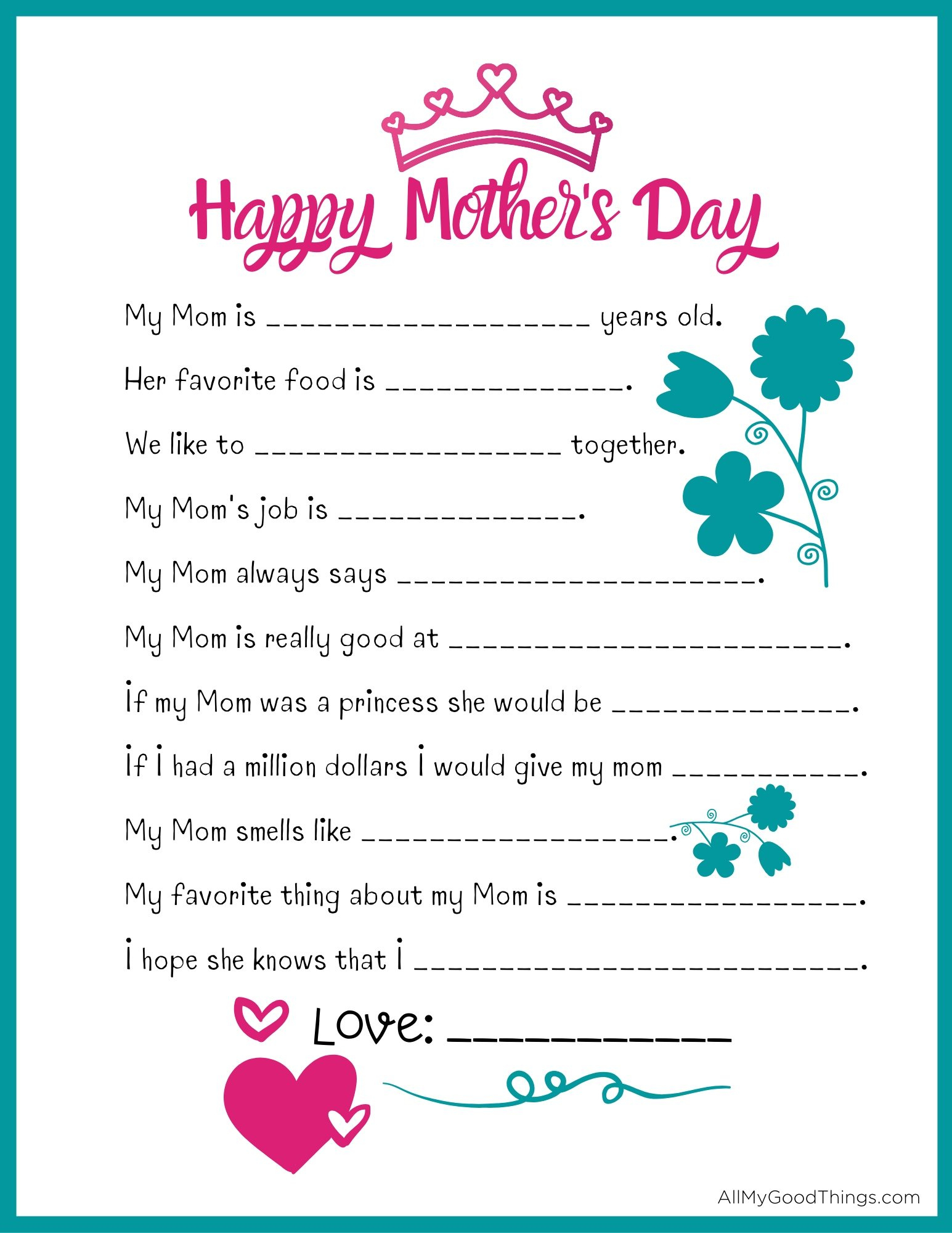 Free Mother&amp;#039;S Day Questionnaire Printable - All My Good Things pertaining to Mothers Day Quiz Free And Printable