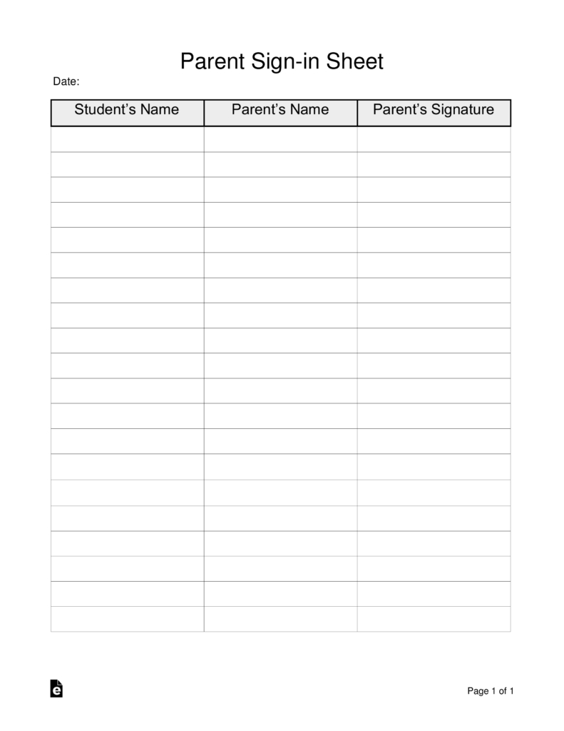 Free Parent Sign-In Sheet Template - Pdf | Word – Eforms in Free Printable Parent Information Sheet