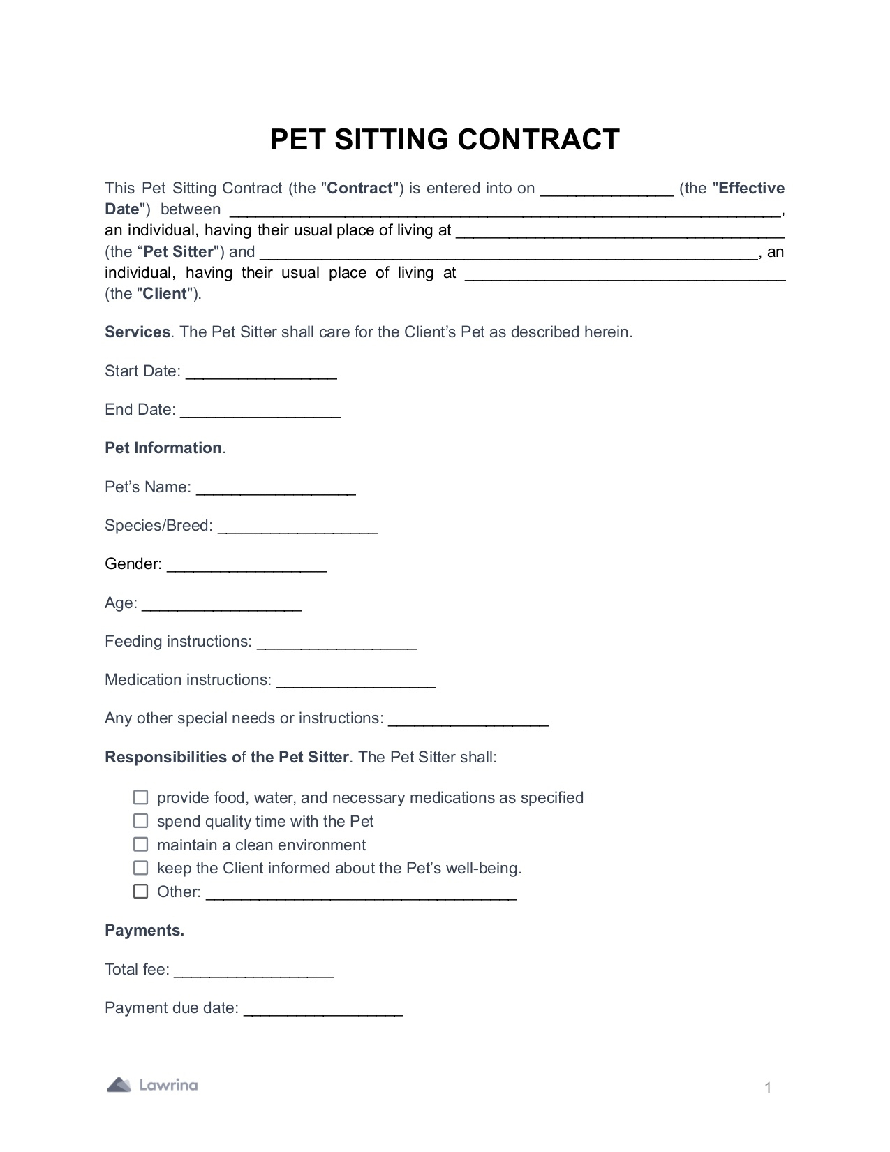 Free Pet Sitting Contract Form | Download Pdf | Lawrina with regard to Free Pet Sitting Templates