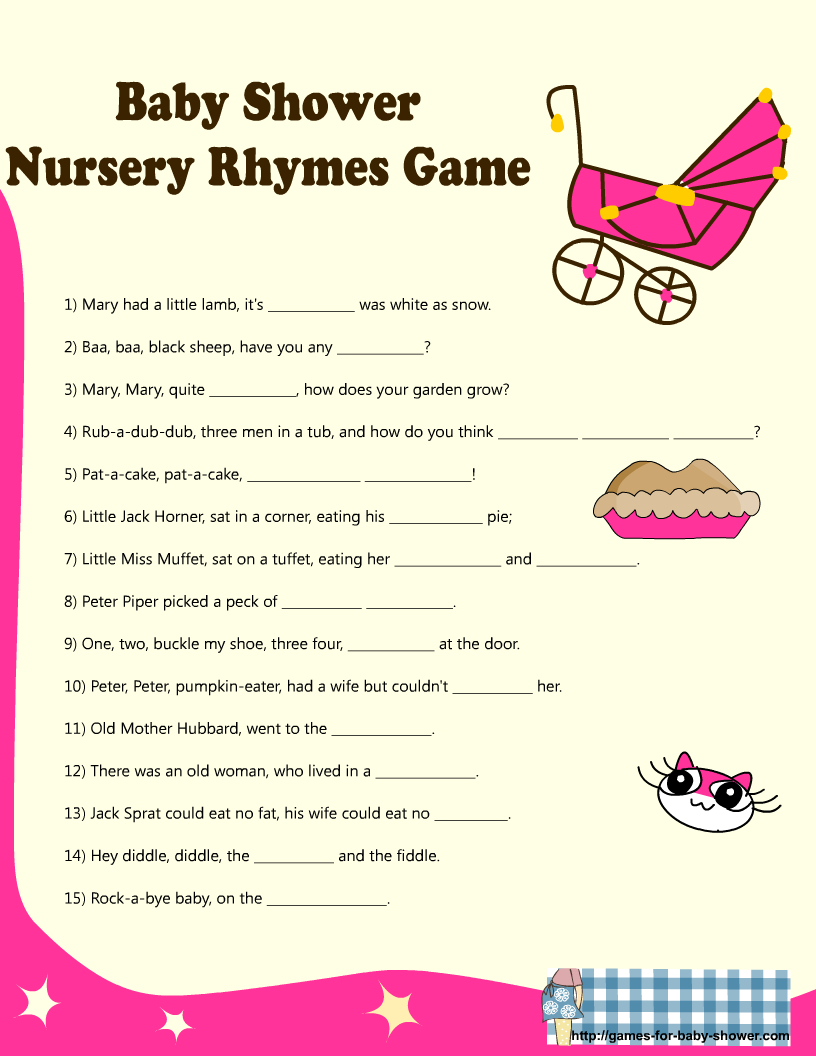Free Printable Baby Shower Nursery Rhyme Games with Finish The Nursery Rhyme Free Printable