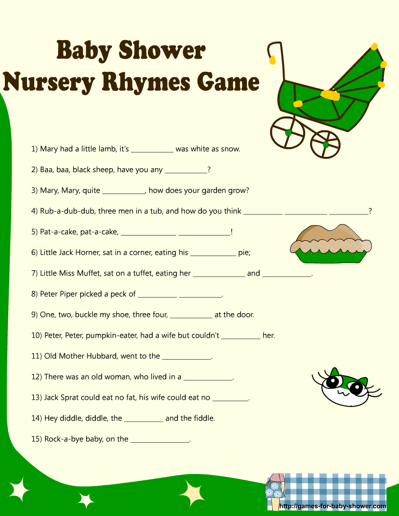 Free Printable Baby Shower Nursery Rhyme Games with Finish The Nursery Rhyme Free Printable