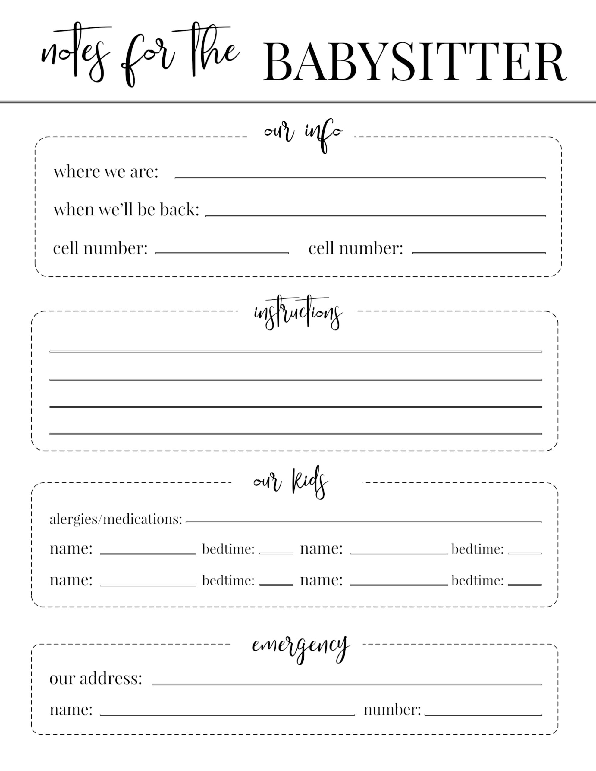 Free Printable Babysitter Notes Template - Paper Trail Design for Free Babysitting Printables