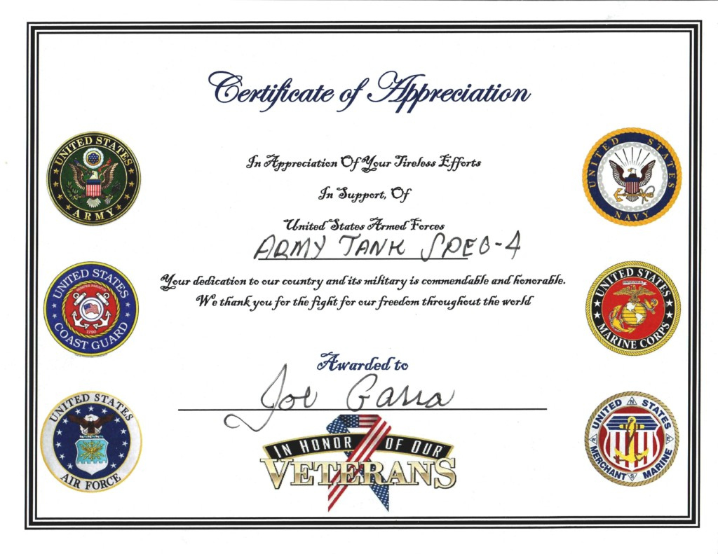 Free Printable Certificates Of Appreciation For Veterans throughout Free Printable Certificates of Appreciation For Veterans