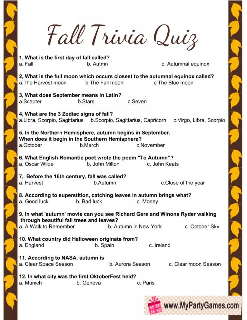 Free Printable Fall Trivia Quiz With Answer Key - Worksheets Library with Free Printable Trivia Questions And Answers For Seniors