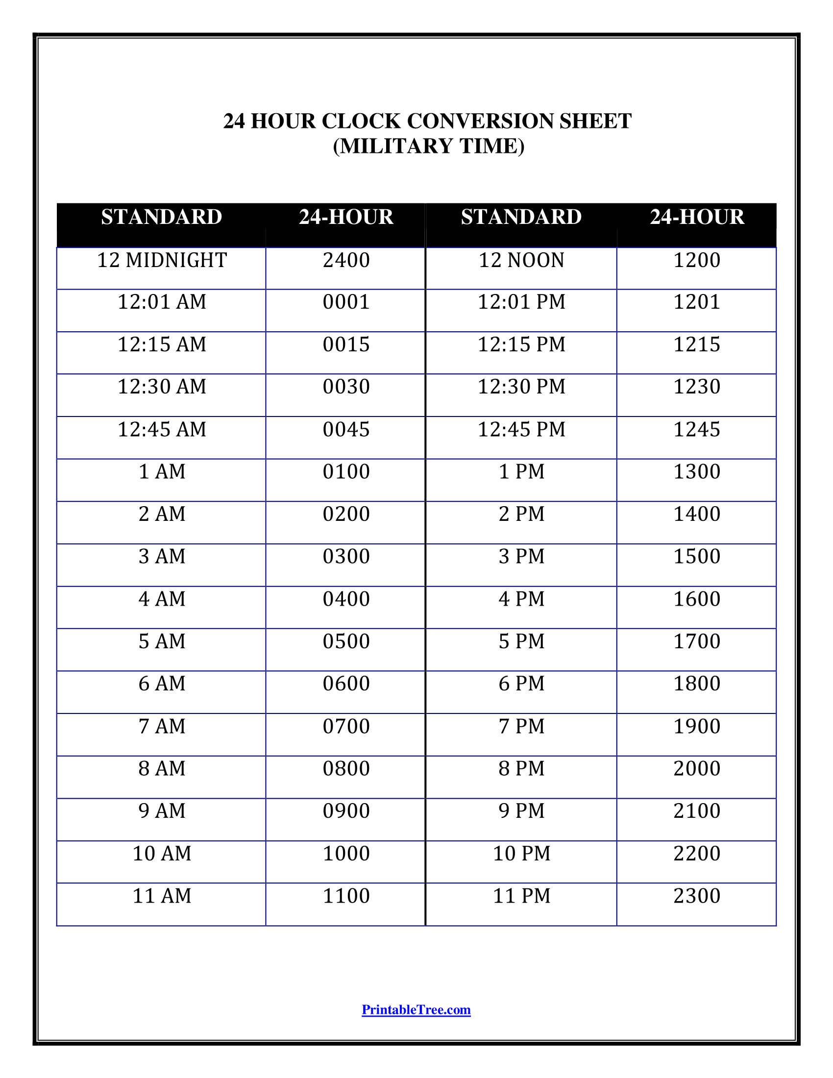 Free Printable Military Time Chart Templates - Printable Tree for Hours Chart Printable
