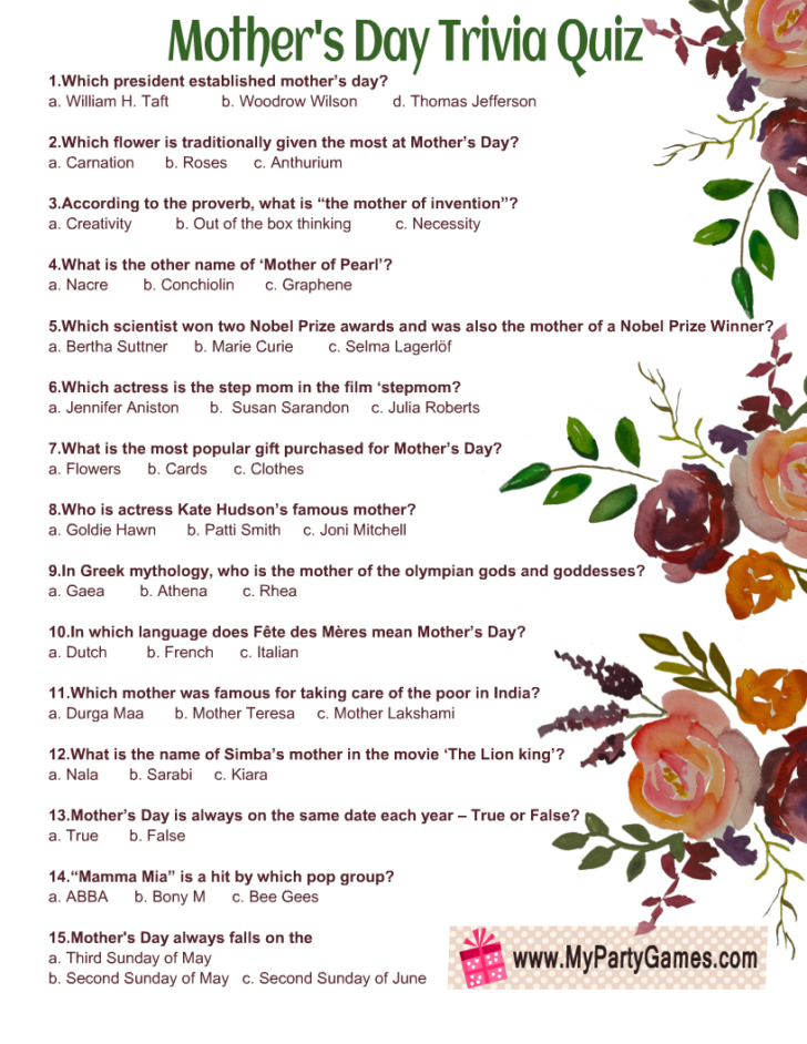 Mothers Day Quiz Free and Printable