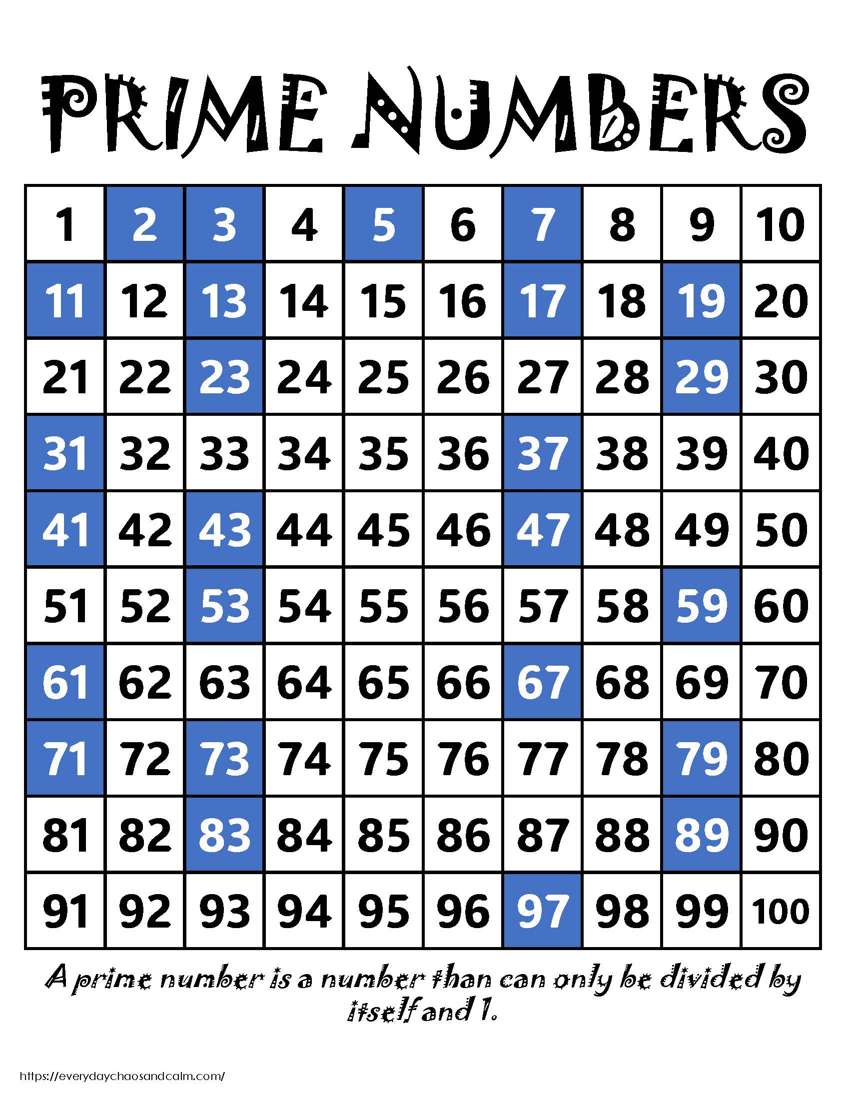 Free Printable Prime Number Charts within Prime Number Chart Printable