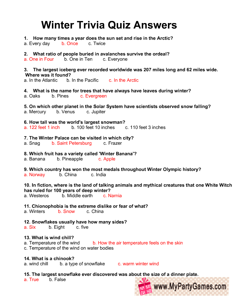 Free Printable Winter Trivia Quiz With Answers - Worksheets Library for Free Printable Trivia Questions and Answers For Seniors