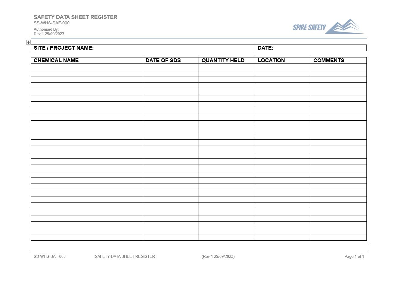 Free Safety Data Sheet Register Template - Spire Safety Consultants inside Free Printable Msds Data Sheets