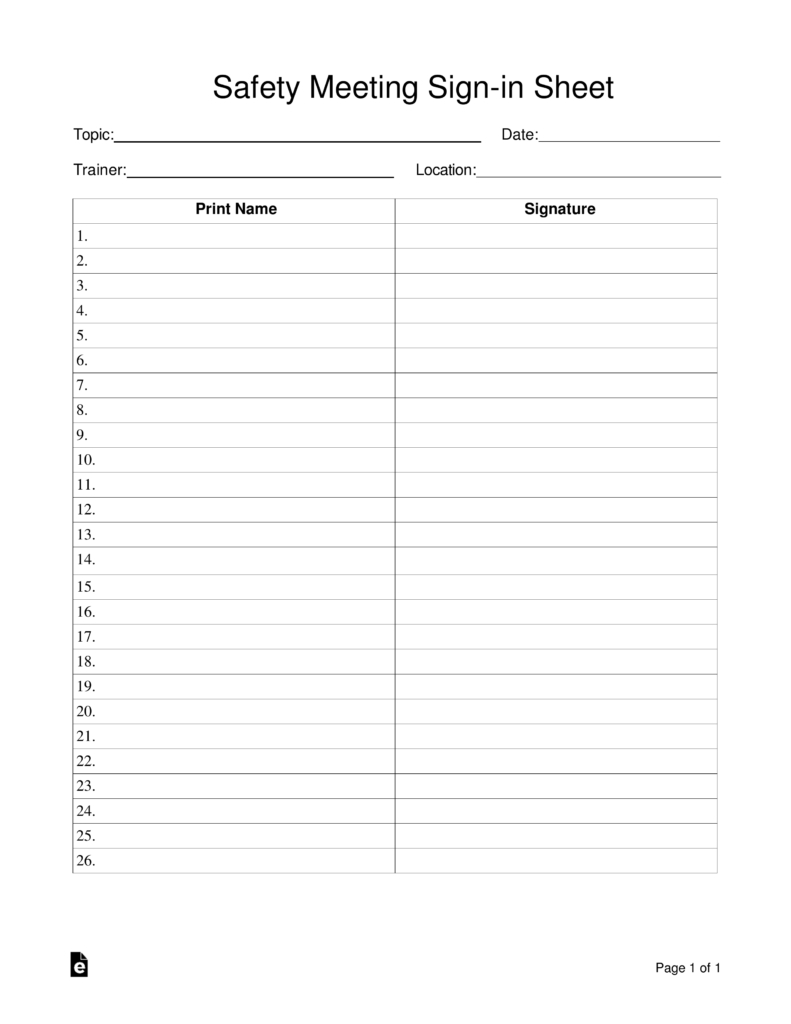 Free Safety Meeting Sign-In Sheet Template - Pdf | Word – Eforms inside Free Printable Safety Meeting Sheets